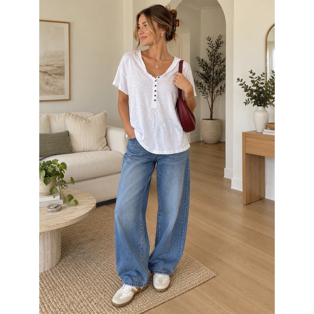 J. Jill White Slub Knit Cotton Tencel Henley Short Sleeve Top Large